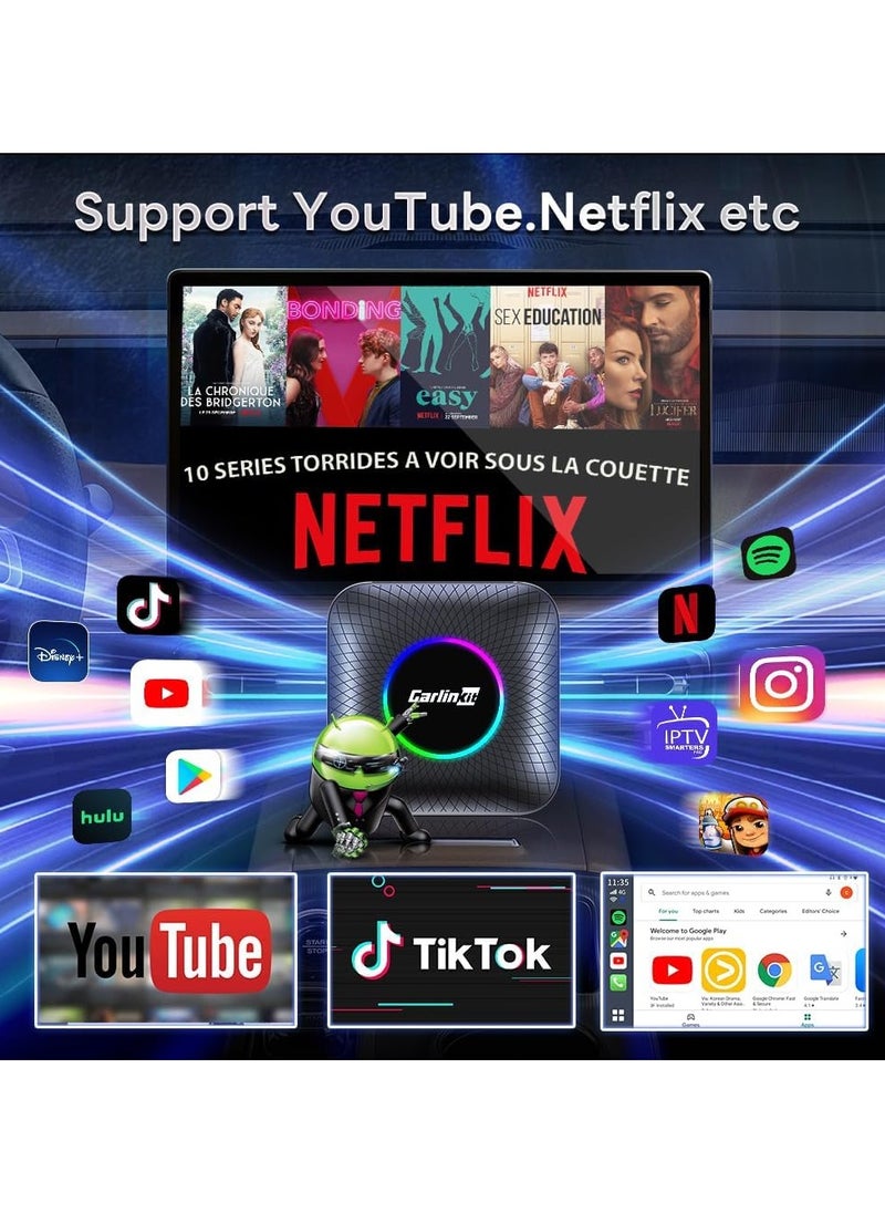 CarlinKit Wireless Carplay/Android Car AIBox LED Version, Suitable for Vehicles with Wired CarPlay, Built-in 8+128GB Android 13.0, Support for YouTube, Disney+ and More!
