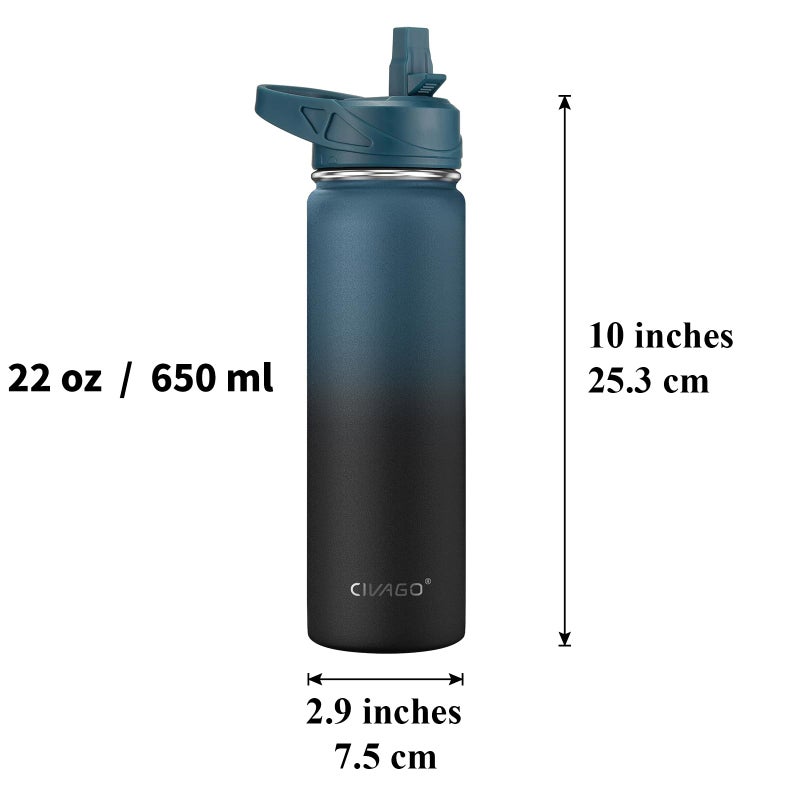 CIVAGO 22 oz Insulated Water Bottle With Straw, Stainless Steel Sports Water Flask Cup with 3 Lids (Straw, Portable Spout and Handle Lid), Double Walled Travel Thermal Canteen Mug, Army Green - Image 4