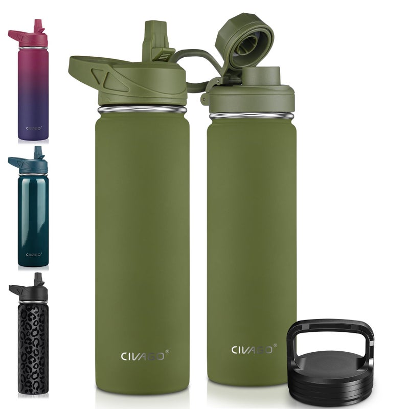 CIVAGO 22 oz Insulated Water Bottle With Straw, Stainless Steel Sports Water Flask Cup with 3 Lids (Straw, Portable Spout and Handle Lid), Double Walled Travel Thermal Canteen Mug, Army Green - Image 1