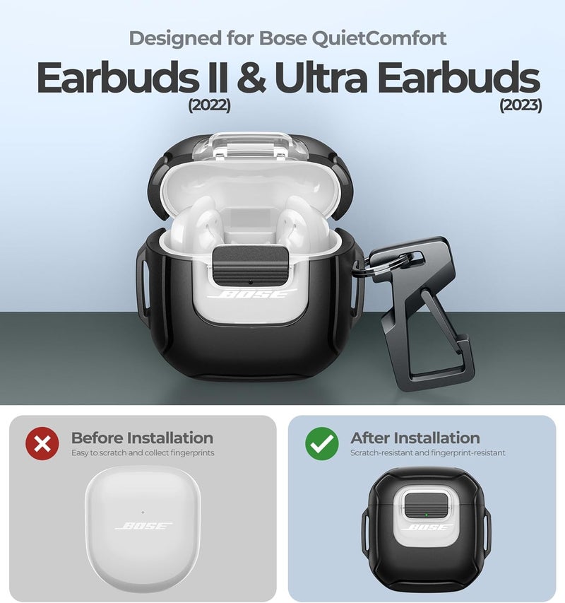ديكسنور غطاء حماية متين ومقاوم للصدمات من ديكسنور لسماعات Bose QuietComfort Earbuds II (2022) وBose QuietComfort Ultra Earbuds (2023)، مع مشبك قفل آمن، للرجال والنساء، اللون الأسود - Image 2