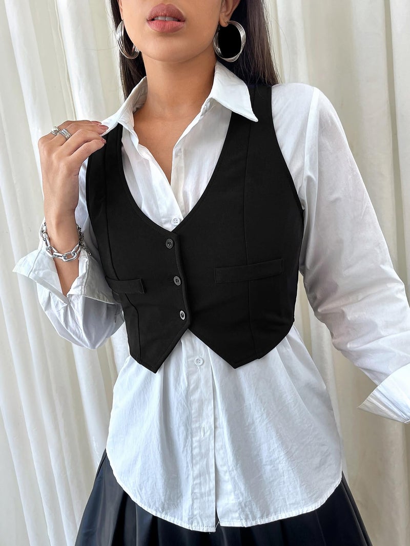 SweatyRocks Women's Solid Button Front Crop Waistcoat V Neck Sleeveless Blazers Vest Tops Black Medium - Image 4