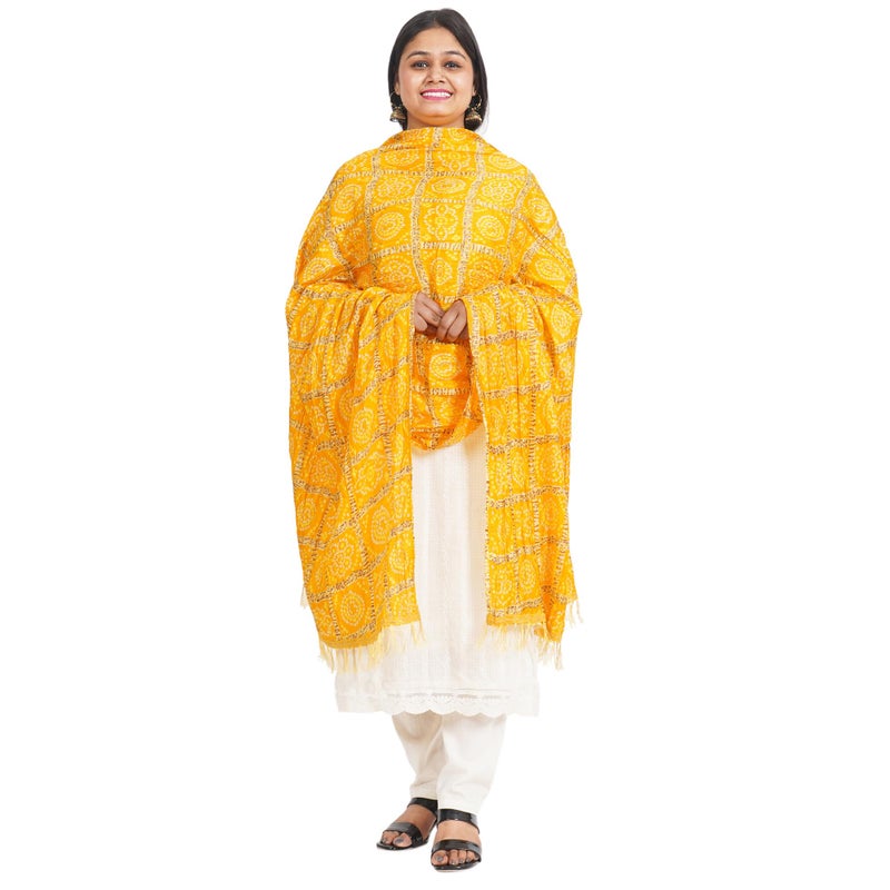 IGH Rajasthani Chinon Silk Dupatta Bandhej Print Dupatta 2.25 Meter Free Size Wedding Gift Return Gift Wedding Favour Gift Scarf (1 Pcs Yellow) - Image 3