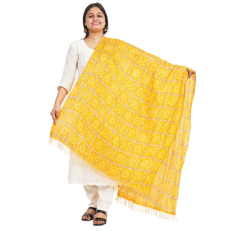 IGH Rajasthani Chinon Silk Dupatta Bandhej Print Dupatta 2.25 Meter Free Size Wedding Gift Return Gift Wedding Favour Gift Scarf (1 Pcs Yellow) - Image 1