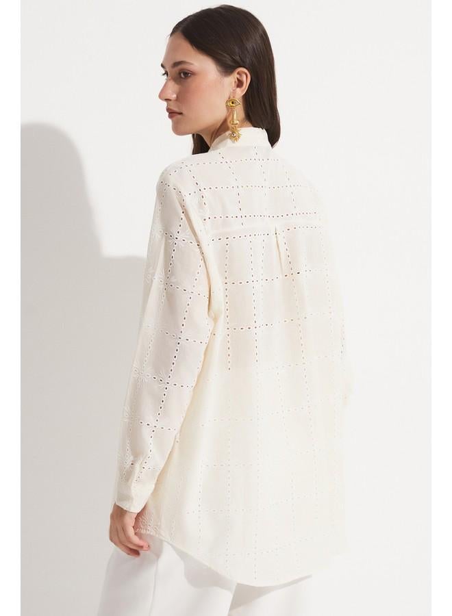 جون قميص قطن مطرز نسائي مقاس واسع من يونيو - لون إكرو - Image 5