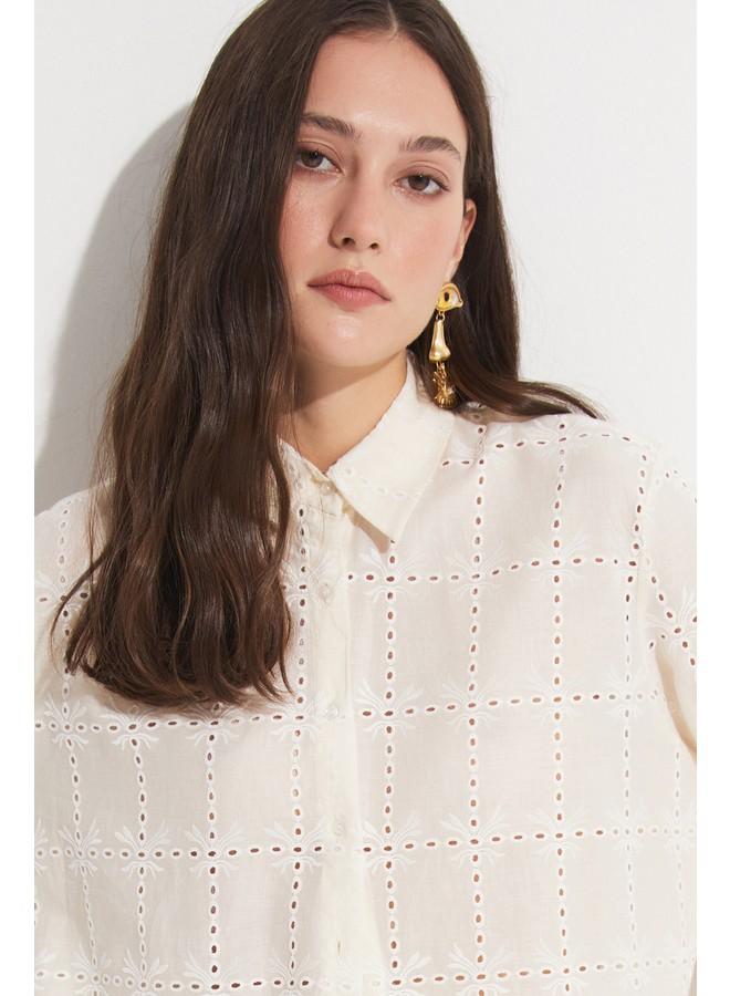 جون قميص قطن مطرز نسائي مقاس واسع من يونيو - لون إكرو - Image 3