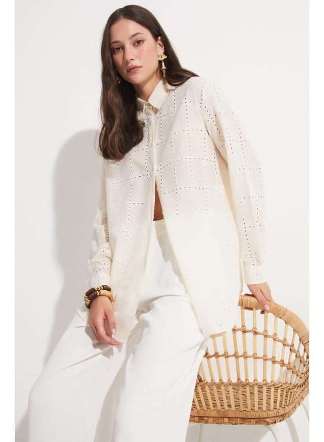 جون قميص قطن مطرز نسائي مقاس واسع من يونيو - لون إكرو - Image 4