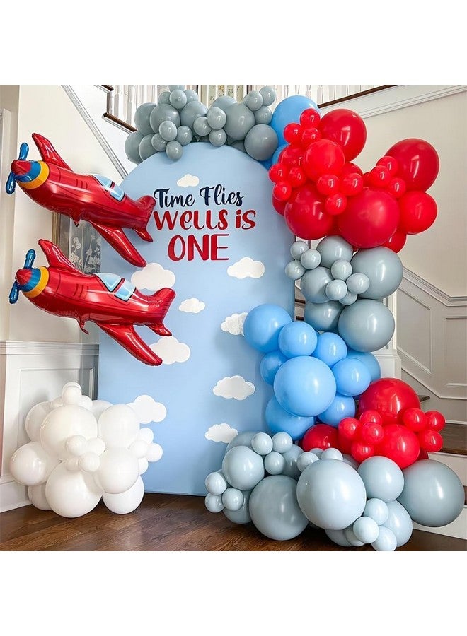 GIHOO Airplane Birthday Party Decorations 151pcs Airplane Balloon Garland Arch Kit Dusty Blue and Red with Airplane Mylar Balloon for Time Flies Theme Birthday Baby Shower Party Supplies - Image 1