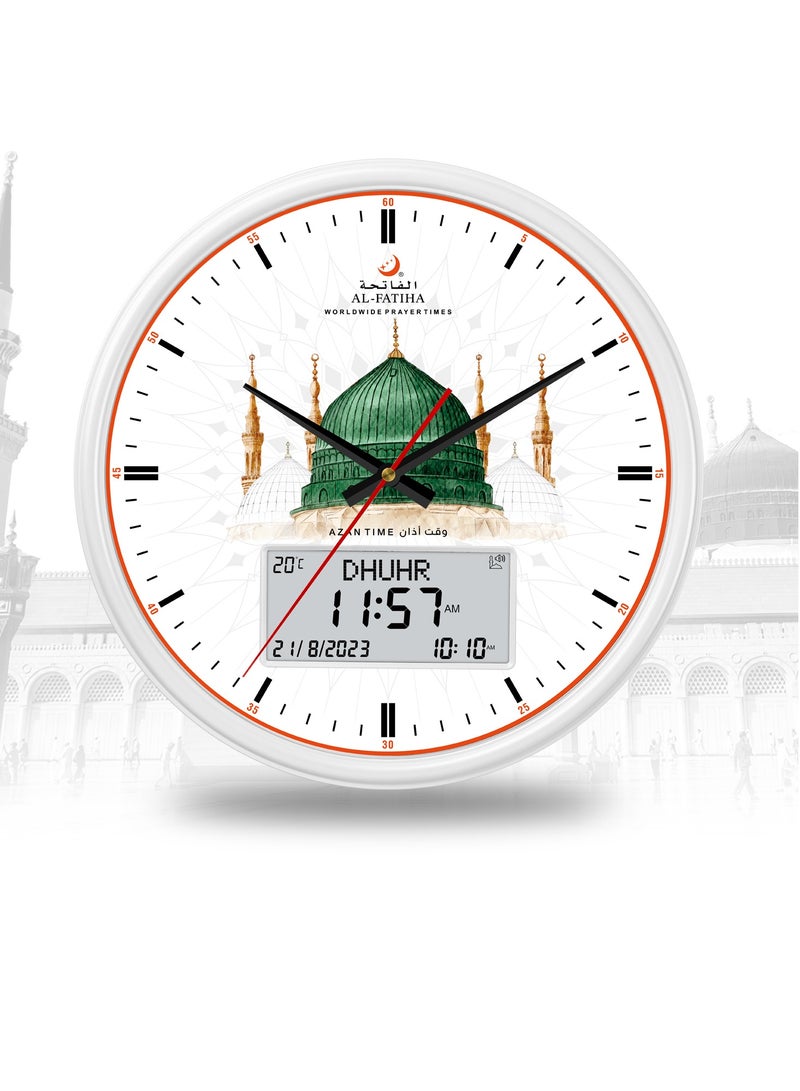 الفاتحة ساعة أذان الفجر رقمية تناظرية 2025 بشاشة بيضاء، تقويم هجري وميلادي، 10 أصوات أذان، منبه ومواقيت صلاة تلقائية للمسجد والمنزل - Image 2