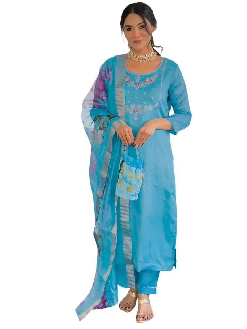 Naixa Women's Firoji Viscose Embroidered Straight Kurta with Viscose Pant and Jacquard Printed Dupatta Sets (NX-665-Firoji-L) - Image 1