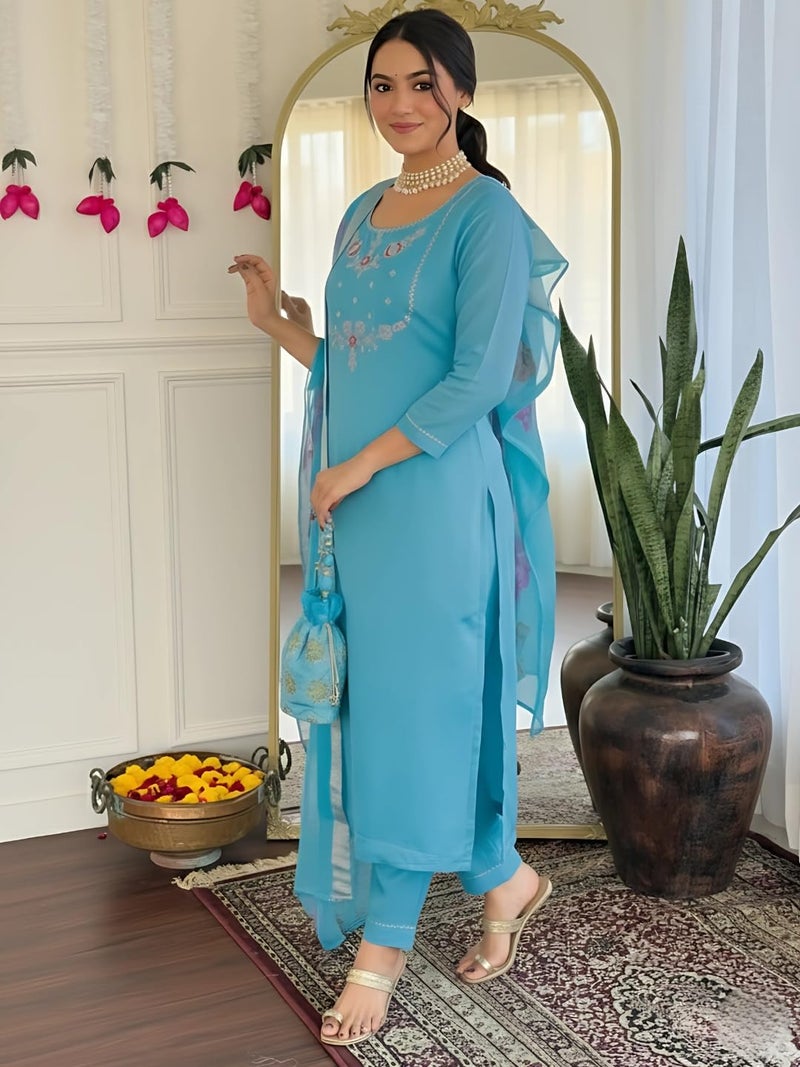 Naixa Women's Firoji Viscose Embroidered Straight Kurta with Viscose Pant and Jacquard Printed Dupatta Sets (NX-665-Firoji-L) - Image 3