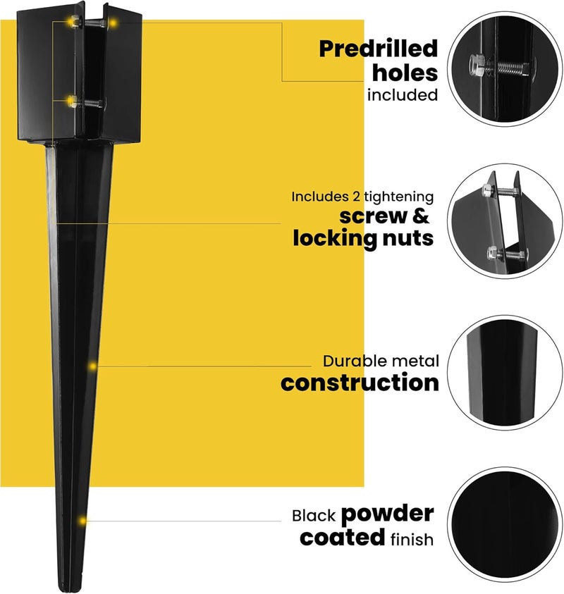 CRIZTA 4Pcs 24" Heavy Duty 4x4 Fence Post Anchor Ground Spike Metal Black Powder Coated - Mailbox Post Anchors. Length: 24 inches, Outer Dimension: 4” x 4” (Fit 3.5” x 3.5” Square Wood Post) - Image 4