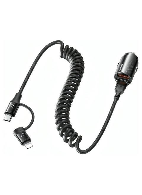 Car Phone Charger 45W Fast Charging Comes with iPh+TYPE-C Spring Cables With 2 in 1 Cable, Black