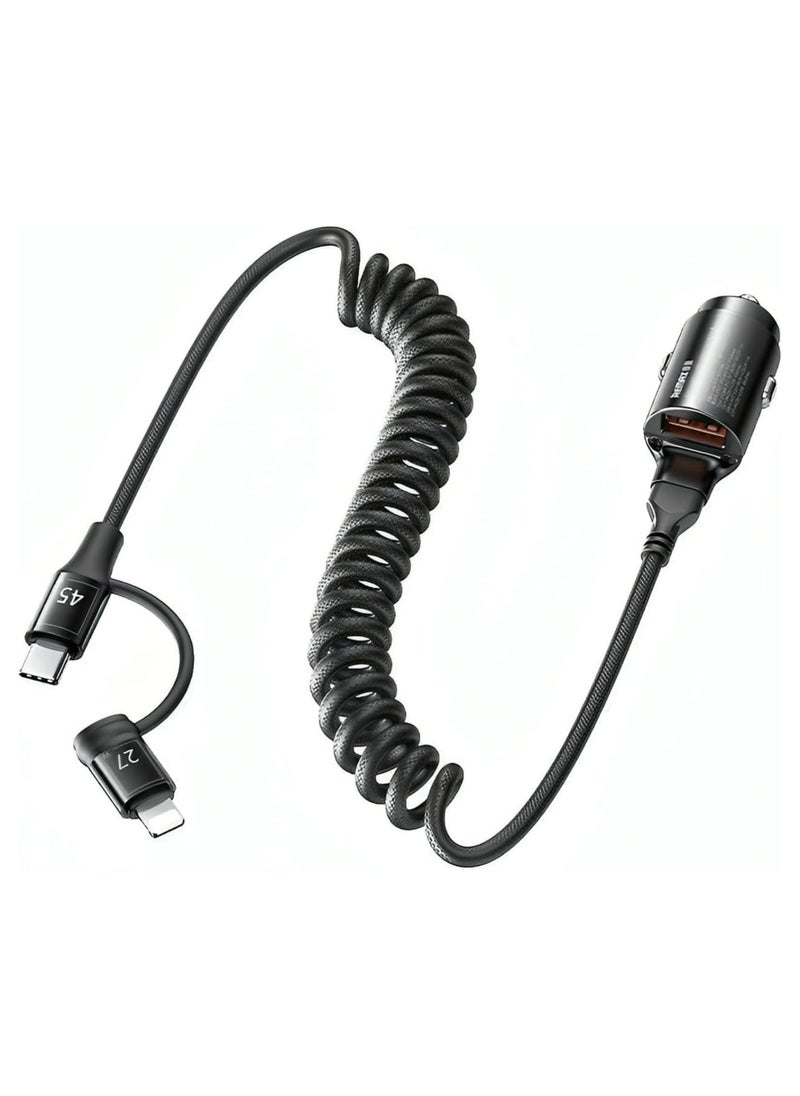 Remax Mena - Car Phone Charger 45W Fast Charging Comes with iPh+TYPE-C Spring Cables With 2 in 1 Cable, Black - Image 1