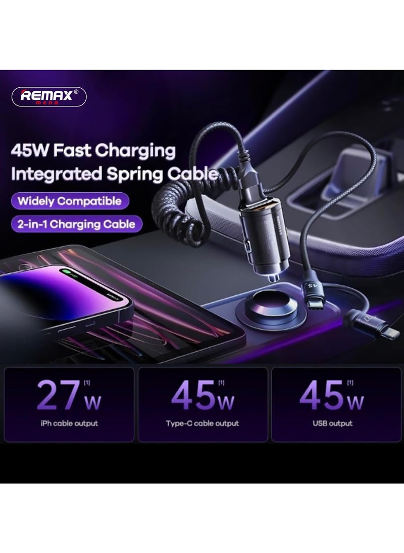 Remax Mena - Car Phone Charger 45W Fast Charging Comes with iPh+TYPE-C Spring Cables With 2 in 1 Cable, Black - Image 1