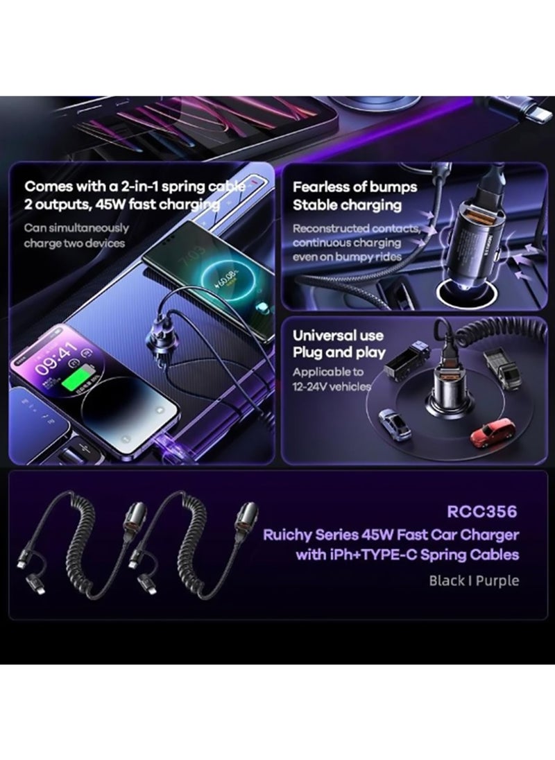 Remax Mena - Car Phone Charger 45W Fast Charging Comes with iPh+TYPE-C Spring Cables With 2 in 1 Cable, Black - Image 1