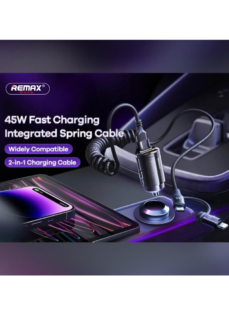 Remax Mena - Car Phone Charger 45W Fast Charging Comes with iPh+TYPE-C Spring Cables With 2 in 1 Cable, Black - Image 1