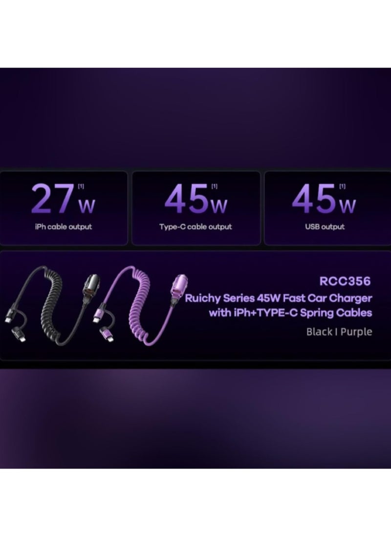 Remax Mena - Car Phone Charger 45W Fast Charging Comes with iPh+TYPE-C Spring Cables With 2 in 1 Cable, Black - Image 1