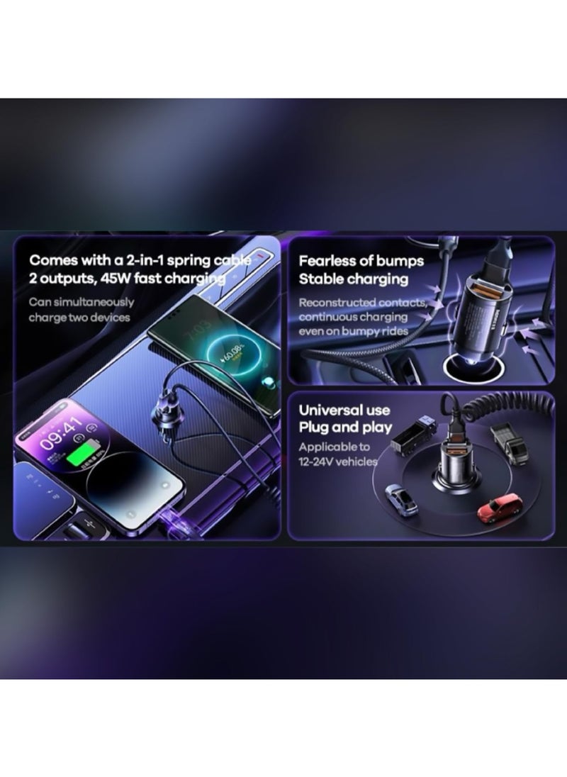 Remax Mena - Car Phone Charger 45W Fast Charging Comes with iPh+TYPE-C Spring Cables With 2 in 1 Cable, Black - Image 1