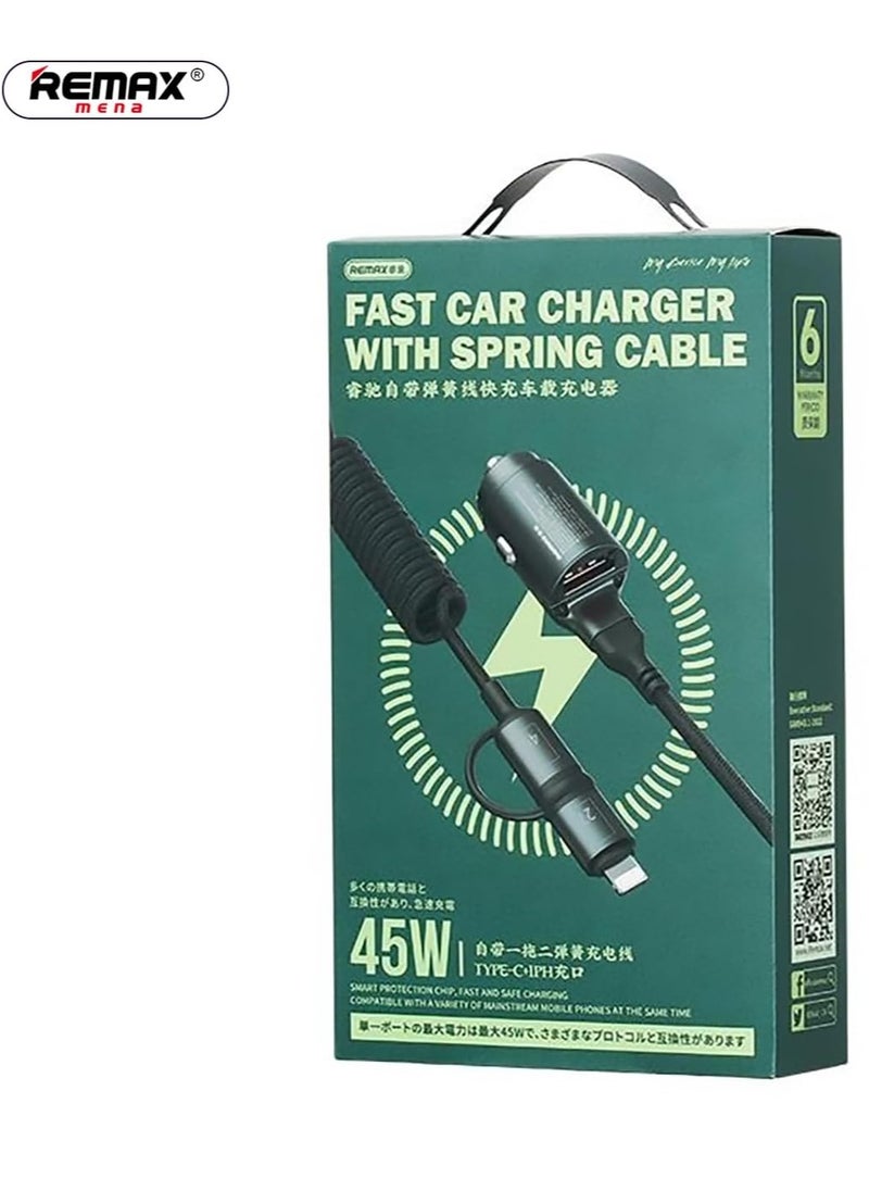 Remax Mena - Car Phone Charger 45W Fast Charging Comes with iPh+TYPE-C Spring Cables With 2 in 1 Cable, Black - Image 1