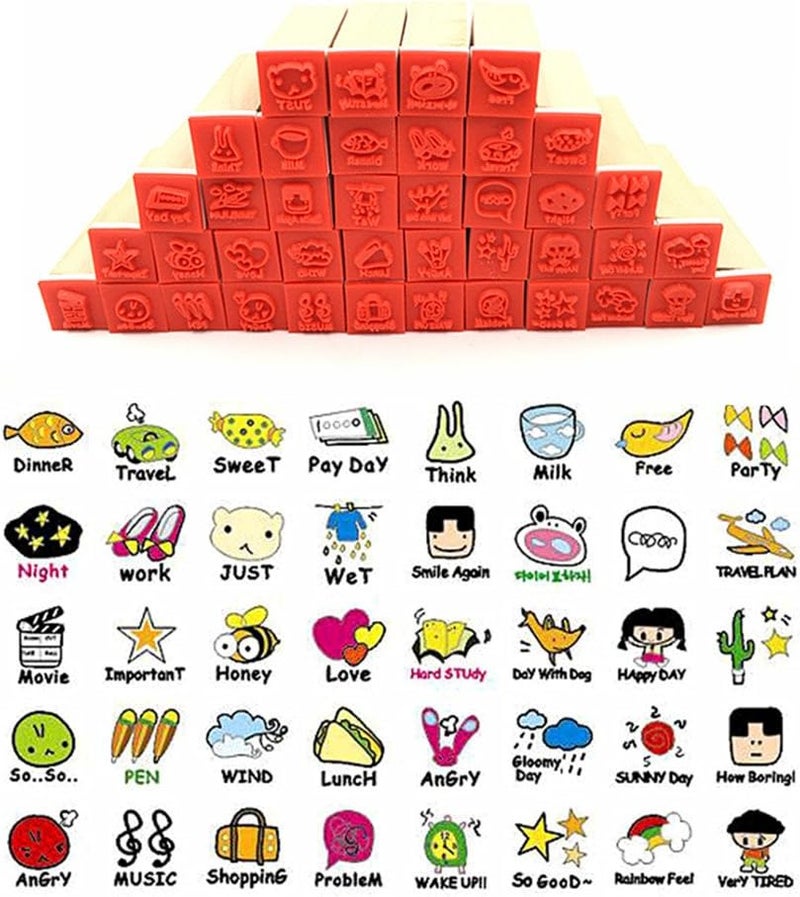 ALIMITOPIA Diary Stamp Set,Wooden Rubber Signet for Children DIY Scrapbooking Planner Card Making(40pcs,Happy Day) - Image 2