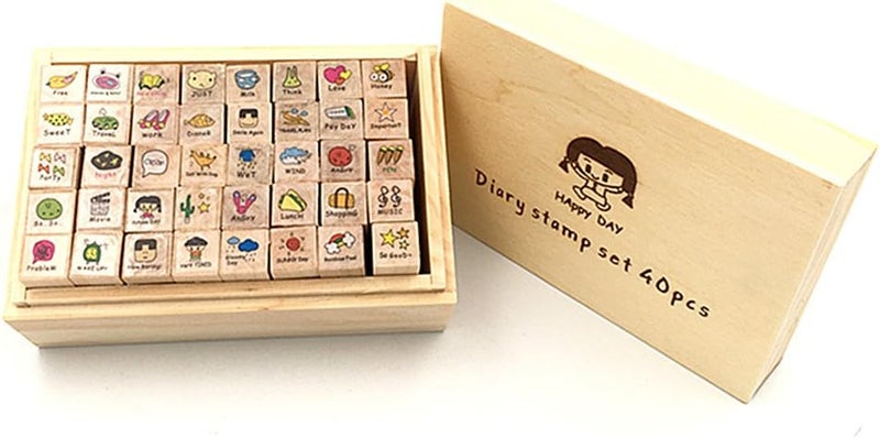 ALIMITOPIA Diary Stamp Set,Wooden Rubber Signet for Children DIY Scrapbooking Planner Card Making(40pcs,Happy Day) - Image 1
