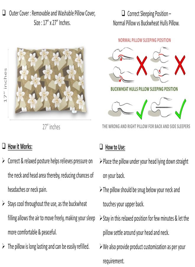 NutriBuck® Buckwheat Hulls Pillow | King Size | 17" x 27" inch | Pillow for Neck Pain | Shoulder Pain | Back Pain | Other Sleeping Problem | for Daily Use (Brown - Flower Print) - Image 2