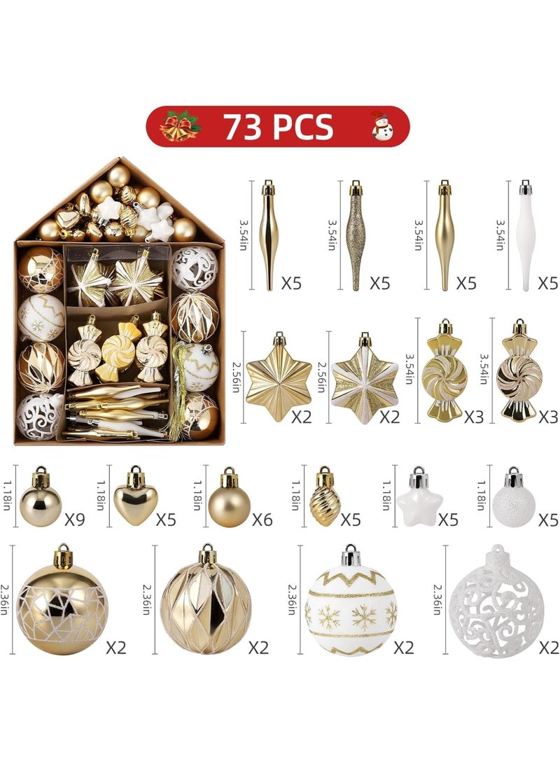 SYOSI مجموعة زينة كرات عيد الميلاد غير قابلة للكسر، كرات ذهبية لتزيين الشجرة، مجموعة متنوعة من كرات عيد الميلاد مكونة من 73 قطعة مع صندوق على شكل منزل لتزيين شجرة عيد الميلاد، إكليل زهور، وزينة - Image 2