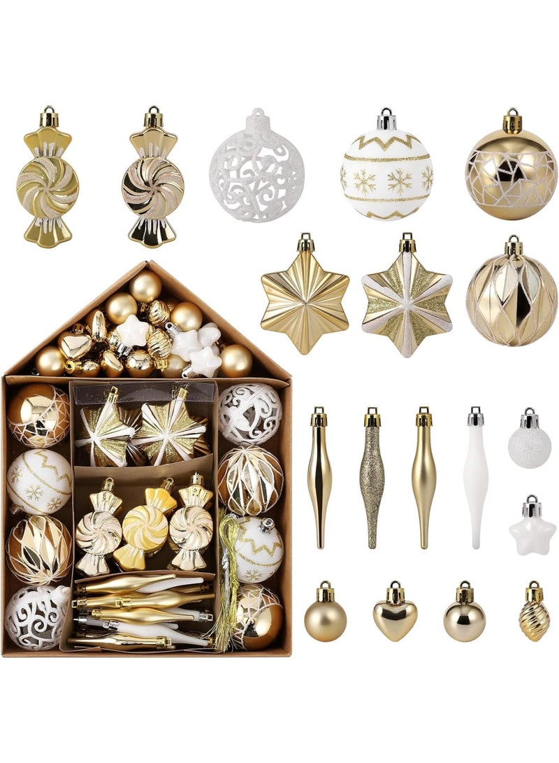 SYOSI مجموعة زينة كرات عيد الميلاد غير قابلة للكسر، كرات ذهبية لتزيين الشجرة، مجموعة متنوعة من كرات عيد الميلاد مكونة من 73 قطعة مع صندوق على شكل منزل لتزيين شجرة عيد الميلاد، إكليل زهور، وزينة - Image 1