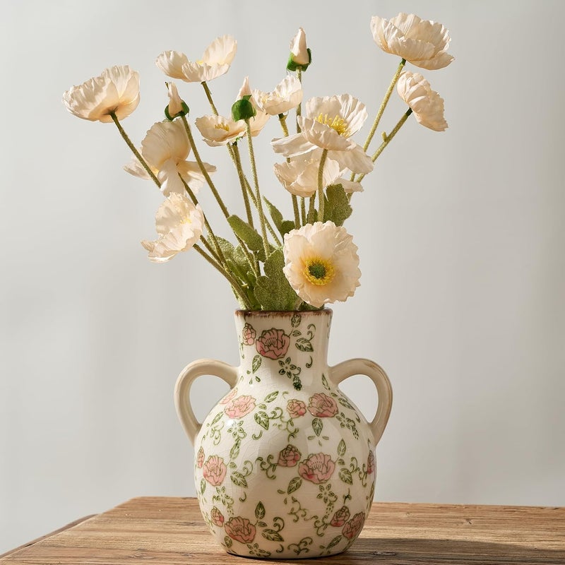 SIDUCAL Ceramic Vintage Pastoral Vase with Handles, 7 Inch Chinoiserie Floral Vase, Retro Ice Cracked Rustic Farmhouse Vases for Home Decor, Living Room, Bookshelf, Office, Tuscan Decor, Red Rose - Image 4