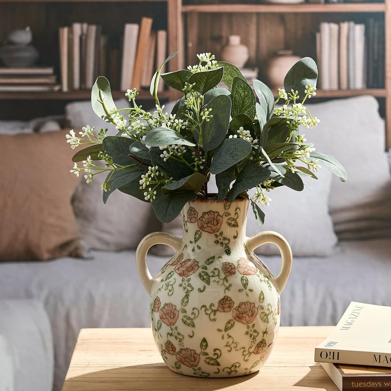 SIDUCAL Ceramic Vintage Pastoral Vase with Handles, 7 Inch Chinoiserie Floral Vase, Retro Ice Cracked Rustic Farmhouse Vases for Home Decor, Living Room, Bookshelf, Office, Tuscan Decor, Red Rose - Image 5