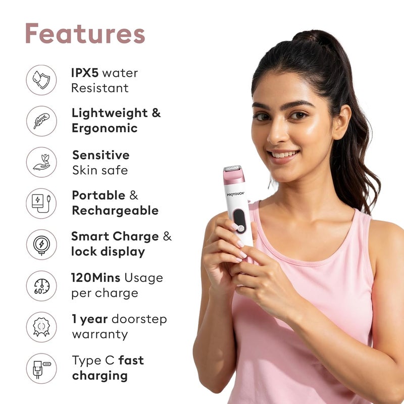Pro touch أداة تشذيب وإزالة شعر متعددة الاستخدامات للنساء للوجه والجسم وتحت الإبط وخط البيكيني | قابلة لإعادة الشحن، مقاومة للماء IPX5، محمولة، خفيفة الوزن | آمنة للبشرة الحساسة، أداة تشذيب بدون ألم - Image 5