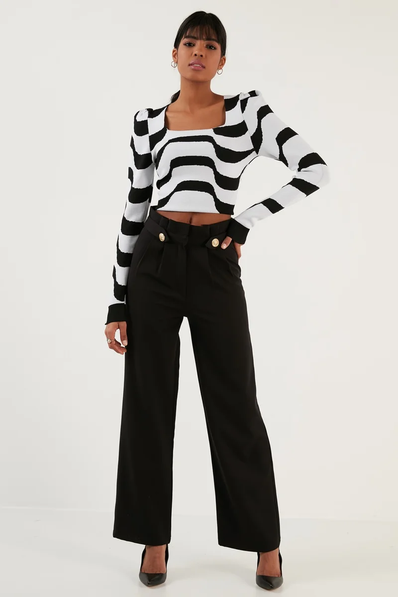 ليلا High Waist Wide Leg Fabric Trousers Women's Trousers 6476001