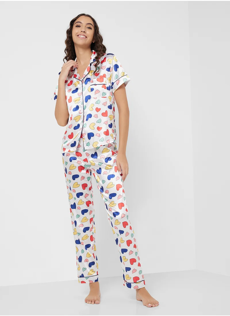 Ginger Heart Print Satin Shirt & Pyjama Set