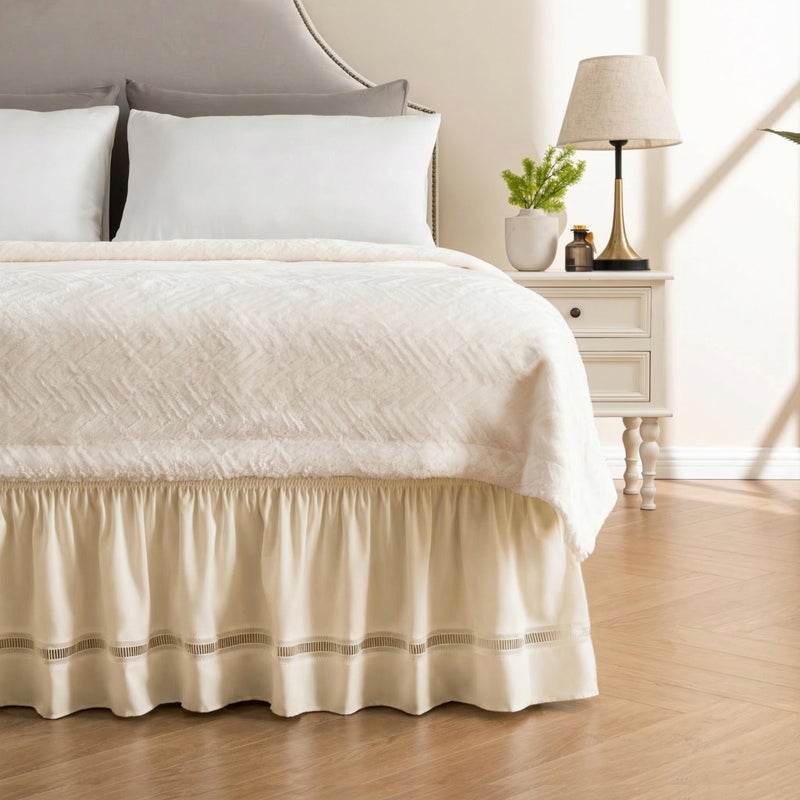 MIYE Wrap Around Ruffled Lace Bed Skirt, Elastic Dust Ruffle with Adjustable Belts, Easy to Put On, Bed Frame Cover, Machine Washable (Ruffled Lace/Light Beige, King/Queen-15 Drop) - Image 1