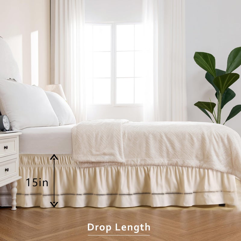MIYE Wrap Around Ruffled Lace Bed Skirt, Elastic Dust Ruffle with Adjustable Belts, Easy to Put On, Bed Frame Cover, Machine Washable (Ruffled Lace/Light Beige, King/Queen-15 Drop) - Image 4