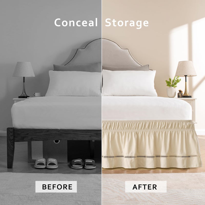 MIYE Wrap Around Ruffled Lace Bed Skirt, Elastic Dust Ruffle with Adjustable Belts, Easy to Put On, Bed Frame Cover, Machine Washable (Ruffled Lace/Light Beige, King/Queen-15 Drop) - Image 3