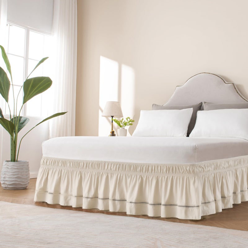 MIYE Wrap Around Ruffled Lace Bed Skirt, Elastic Dust Ruffle with Adjustable Belts, Easy to Put On, Bed Frame Cover, Machine Washable (Ruffled Lace/Light Beige, King/Queen-15 Drop) - Image 2
