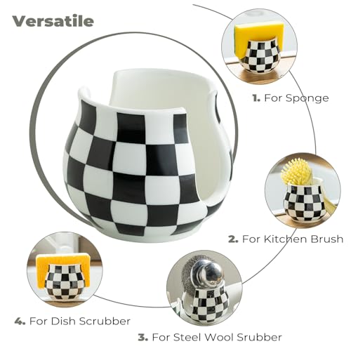 Zoeeker Checkered Sponge Holder for Kitchen Sink, Ceramic Dish Sponge Dish Rack Scrubby Holder Kitchen Organizer Cute Sink Caddy Organizer, Farmhouse Decor, Black and White - Image 4