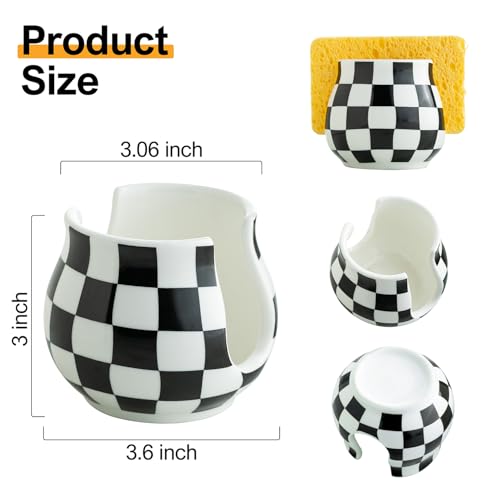 Zoeeker Checkered Sponge Holder for Kitchen Sink, Ceramic Dish Sponge Dish Rack Scrubby Holder Kitchen Organizer Cute Sink Caddy Organizer, Farmhouse Decor, Black and White - Image 2