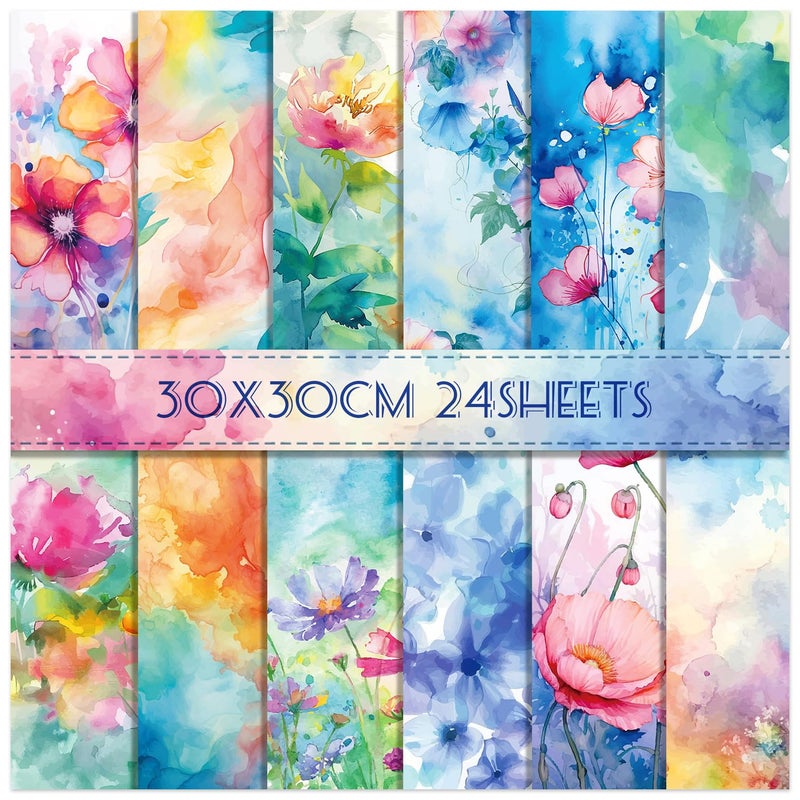 WLXTREE 24 Sheets Floral Scrapbook Paper 30x30cm Watercolor Flower Patterned Double Sided Scrapbooking Decorative Craft for Card Making Kit Cardstock Origami Paper Supplies - Image 1
