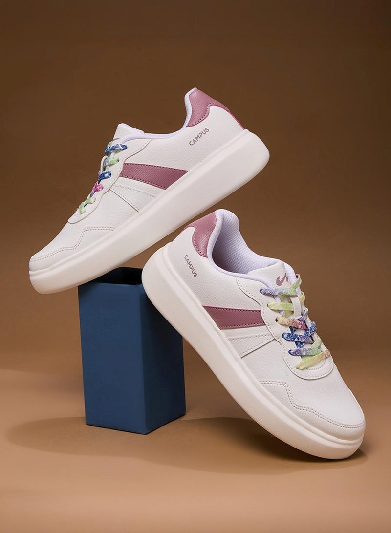 CAMPUS Women’s White Low Top Sneakers – Stylish Color-Block Design Shoes with Pink Detailing - Image 1