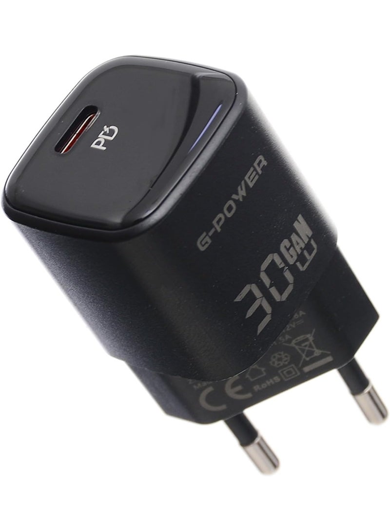 جي باور شاحن سريع G-Power GP-C26 بقوة 30 واط بمنفذ USB-C واحد، متوافق مع أجهزة iPhone 14/14 Plus/14 Pro/14 Pro Max/13، وGalaxy، وPixel 4/3، وiPad - أسود - Image 1