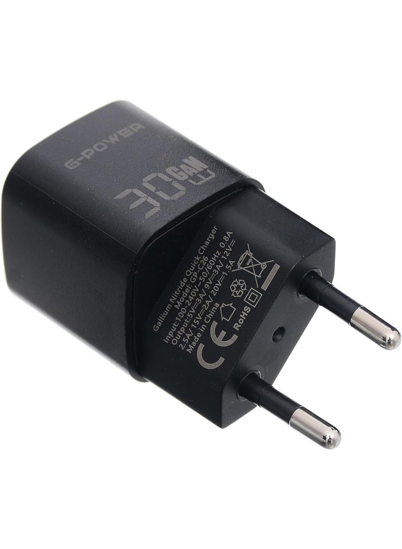 جي باور شاحن سريع G-Power GP-C26 بقوة 30 واط بمنفذ USB-C واحد، متوافق مع أجهزة iPhone 14/14 Plus/14 Pro/14 Pro Max/13، وGalaxy، وPixel 4/3، وiPad - أسود - Image 2