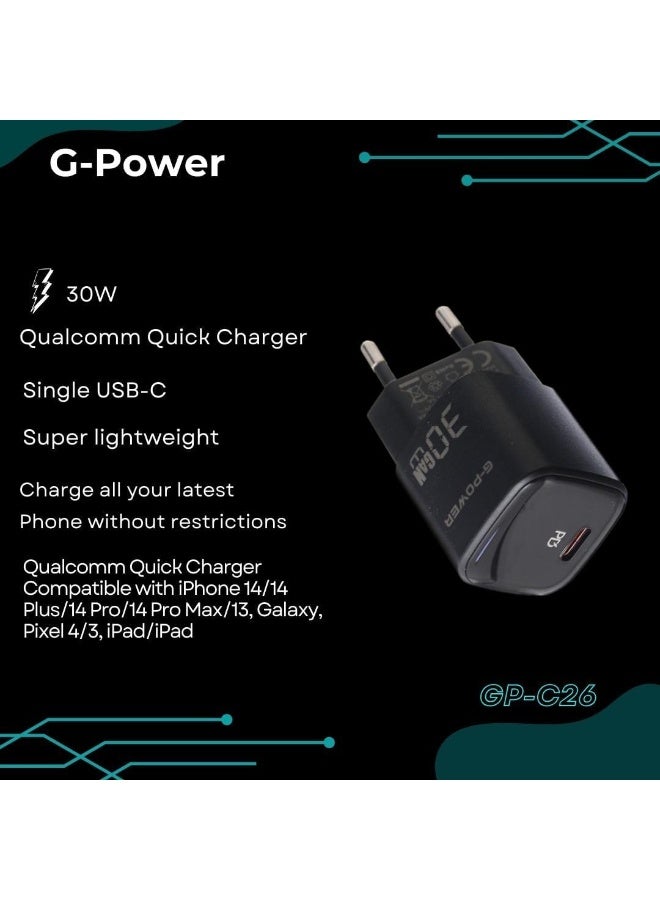 جي باور شاحن سريع G-Power GP-C26 بقوة 30 واط بمنفذ USB-C واحد، متوافق مع أجهزة iPhone 14/14 Plus/14 Pro/14 Pro Max/13، وGalaxy، وPixel 4/3، وiPad - أسود - Image 5
