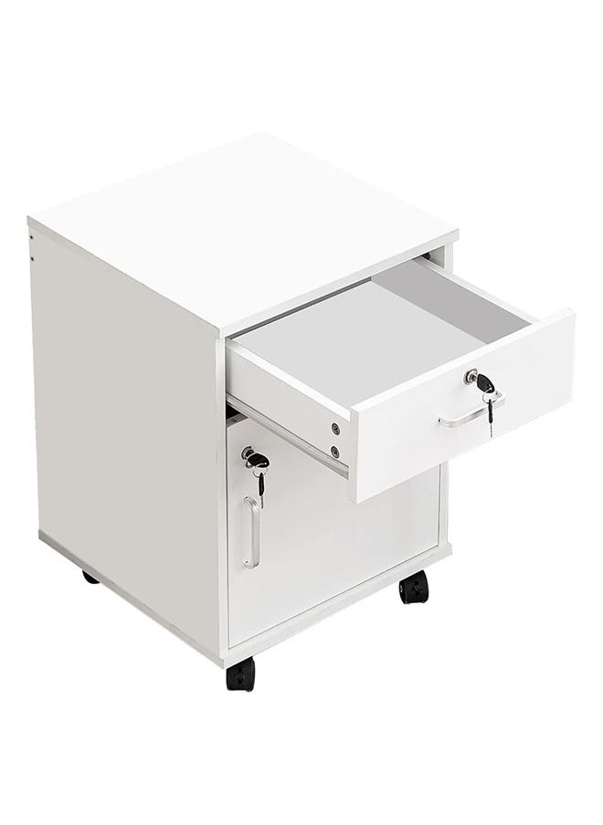LEDIN - Movable Filing Cabinet with 1 Drawer and 1 Door Lockable Office Cabinet with Wheels in White Industrial Wood - Image 1