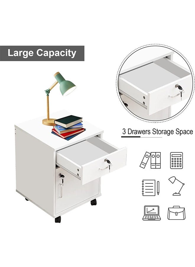 LEDIN - Movable Filing Cabinet with 1 Drawer and 1 Door Lockable Office Cabinet with Wheels in White Industrial Wood - Image 1