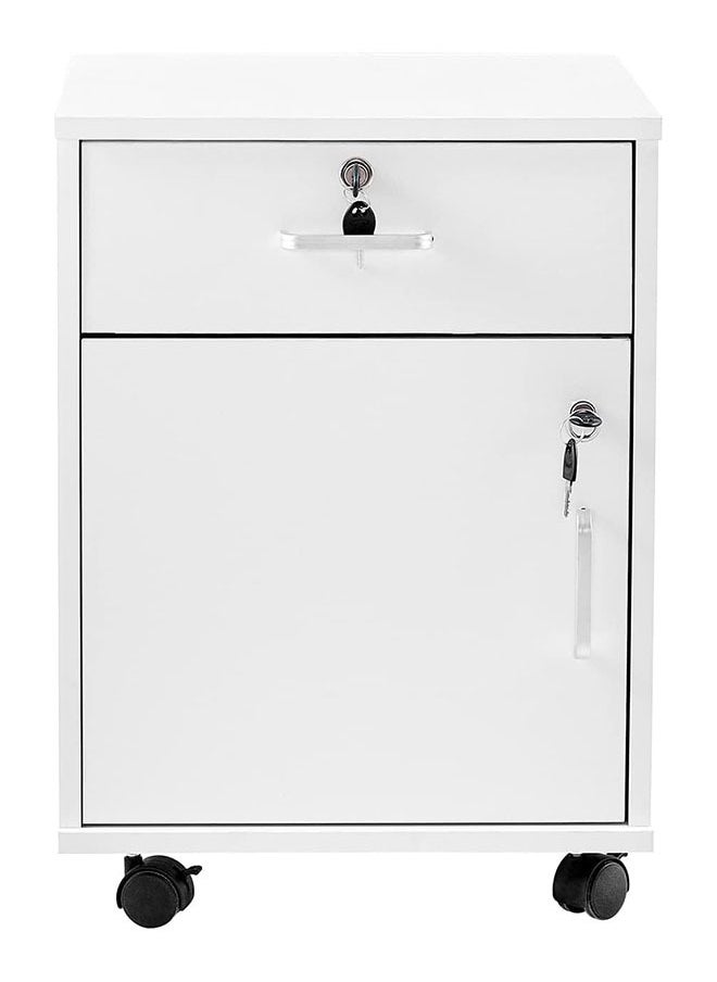 LEDIN - Movable Filing Cabinet with 1 Drawer and 1 Door Lockable Office Cabinet with Wheels in White Industrial Wood - Image 1