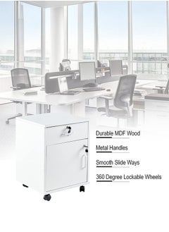 LEDIN Movable Filing Cabinet with 1 Drawer and 1 Door Lockable Office Cabinet with Wheels in White Industrial Wood  - Image 5
