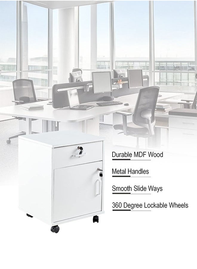 LEDIN - Movable Filing Cabinet with 1 Drawer and 1 Door Lockable Office Cabinet with Wheels in White Industrial Wood - Image 1