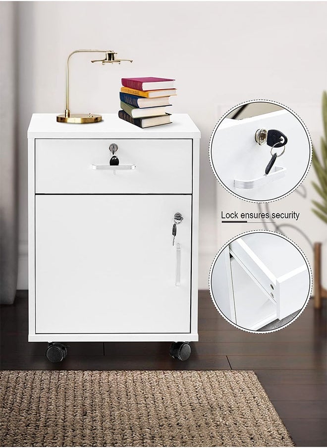 LEDIN - Movable Filing Cabinet with 1 Drawer and 1 Door Lockable Office Cabinet with Wheels in White Industrial Wood - Image 1